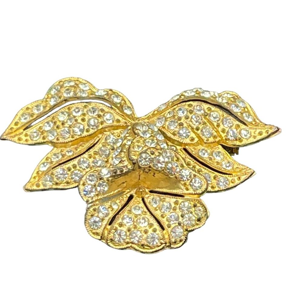 Vintage Gold Tone Rhinestone Encrusted Flower Bell brooch Pin Aticulated Signed